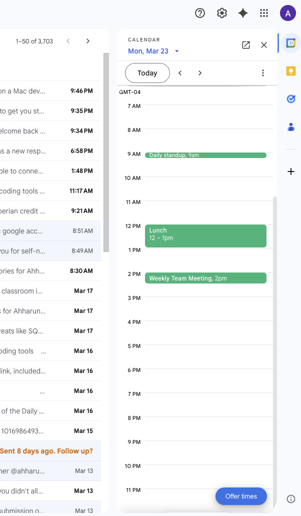Gmail with Google Calendar side panel showing the Offer times button